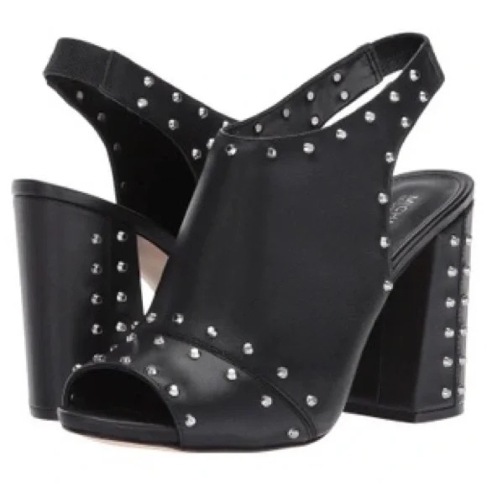 NWT Michael Kors Black Leather Studded Block Heels - Picture 11 of 14